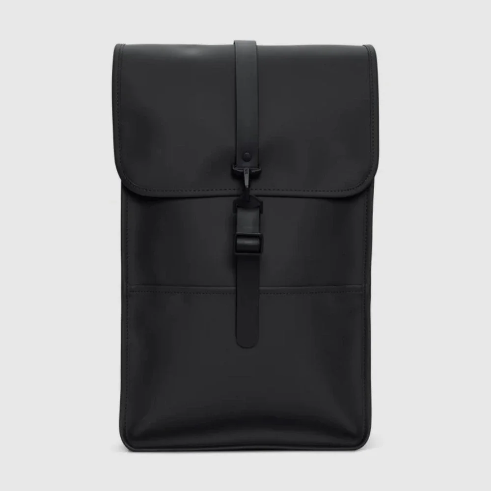 Rains Black Waterproof Laptop Backpack Matte Rucksack Macrobond Logo Minimalist